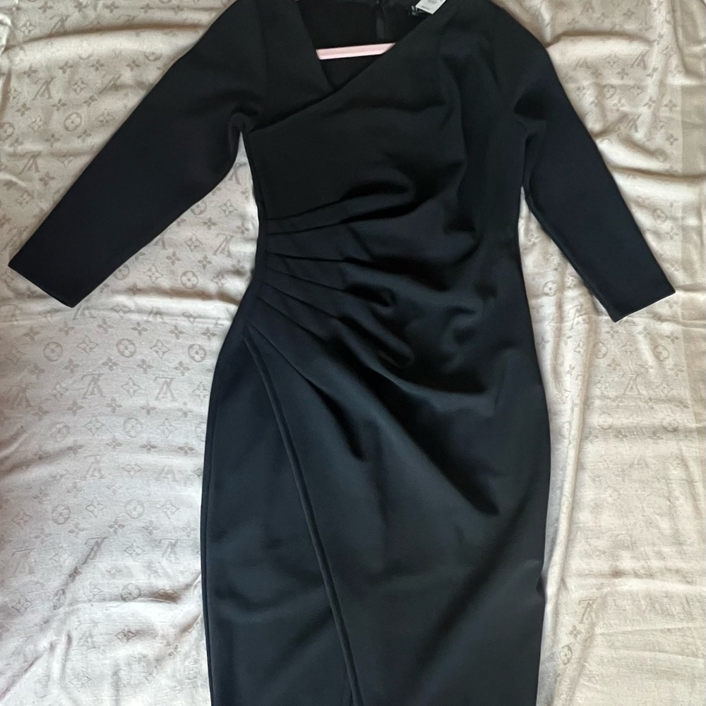 Black Asymmetrical Ruched Long Sleeve Cocktail Dress